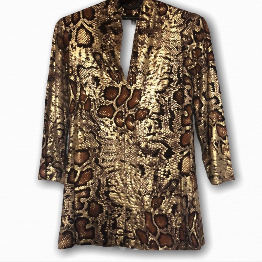 Fabrizio Gianni Gold Snakeskin Metallic V-Neck Tunic Top Brown Size S